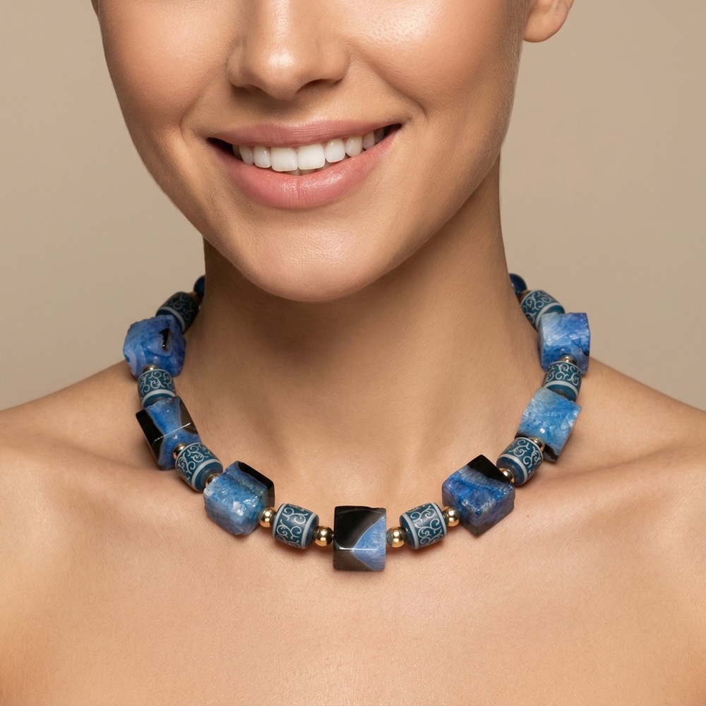 Blue Agates Choke Necklace - Handmade Women Jewelry